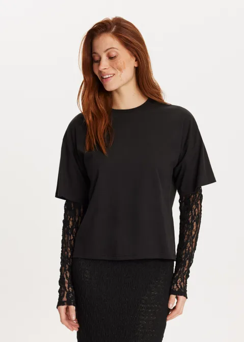T-shirt met kanten mouwen zwart (ZWART)