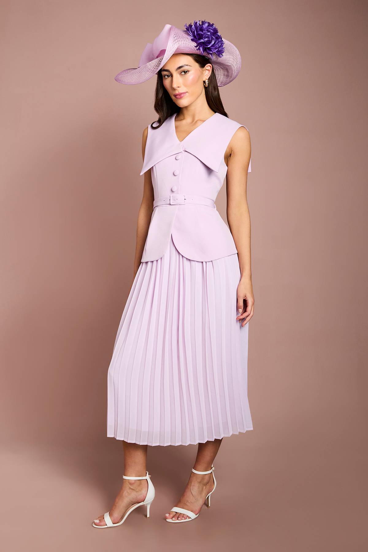 Coast Robe Midi Lisa Tan À Col Tailleur Et Corsage Style Gilet En Crêpe