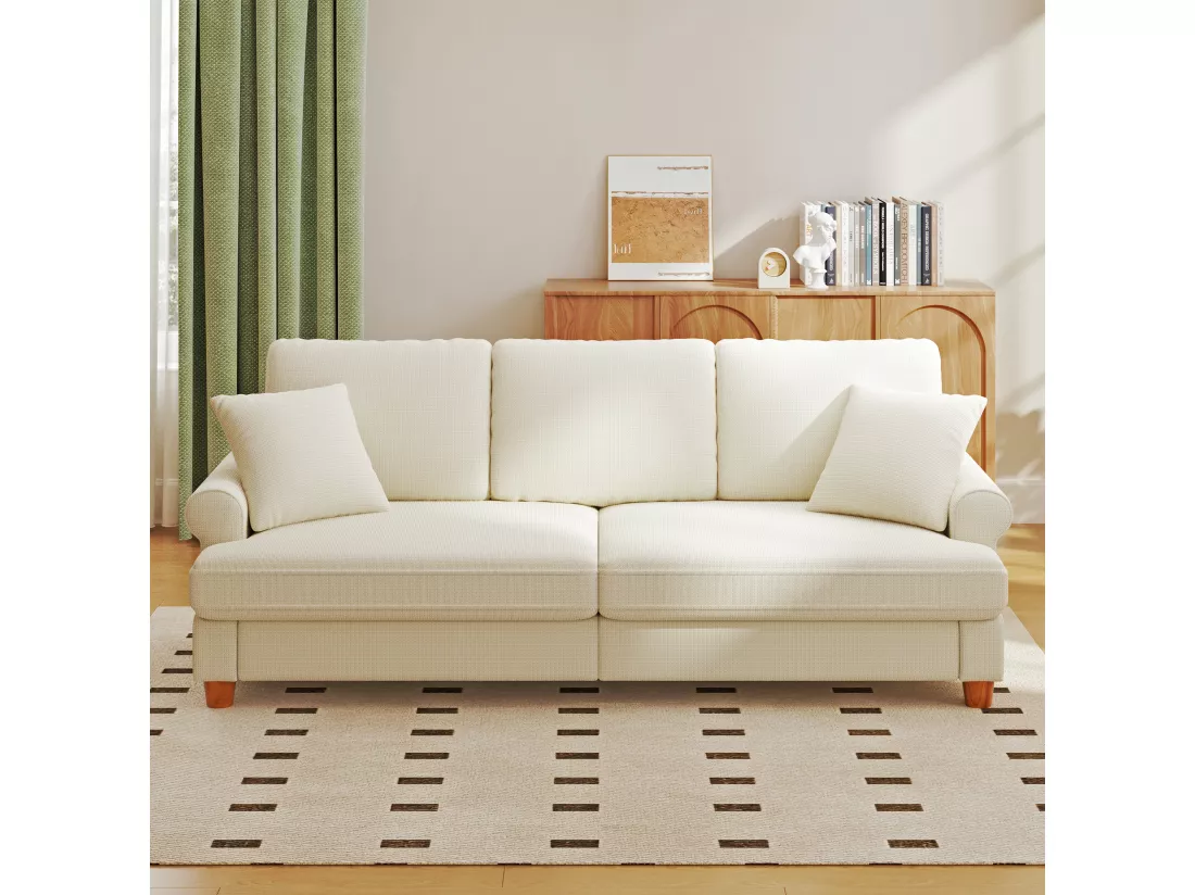 Canapé confort 3 places, Tissu en Chenille, avec accoudoirs,coussins et 2 oreillers, Charge max 365 kg - 220x76x86 cm
