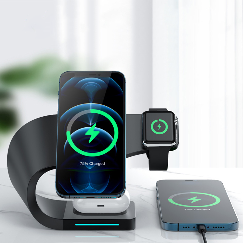 (15W) 4in1 Magnetischer Qi Wireless Charger für Apple Watch / Smartphone / AirPods Dockingstation mit LED Licht - Weiss