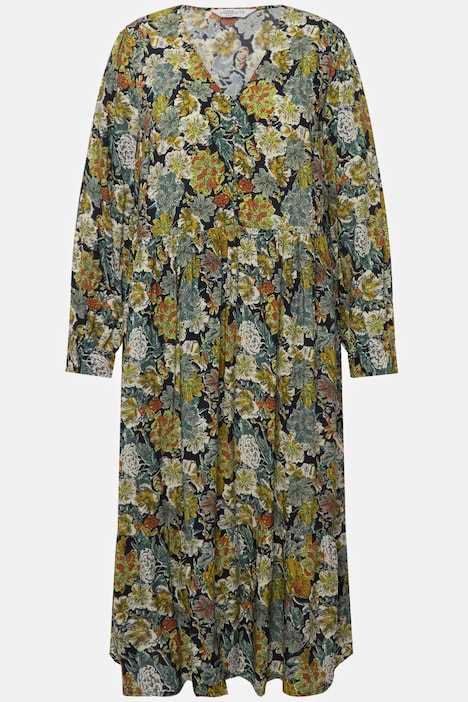 Kleid, A-Line, Flower Print, V-Ausschnitt, Langarm