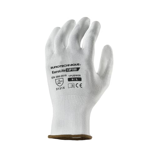 Gant manipulation fine polyester blanc enduction PU blanc paume et bouts de doigts