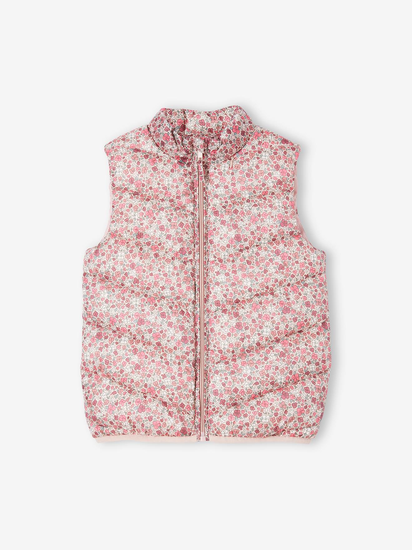 Colete esportivo acolchoado com capuz retrátil, para meninas, estampa rosa
