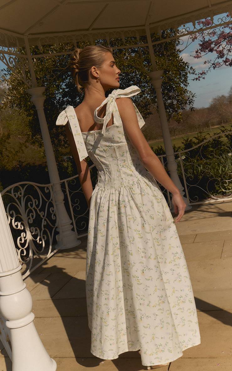 Blanc Robe Patineuse Midaxi À Corsage Imprimé Fleuri Ditsy