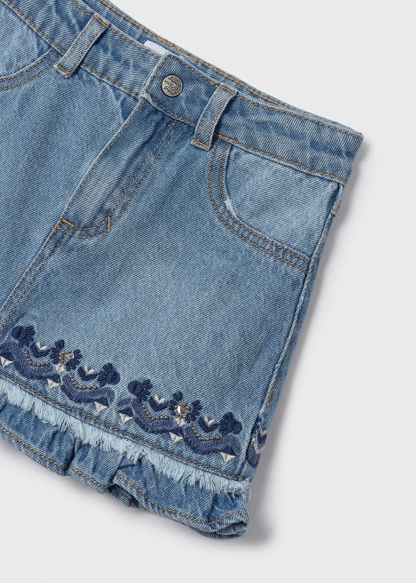 Saia jeans com bordado em algodão para meninas