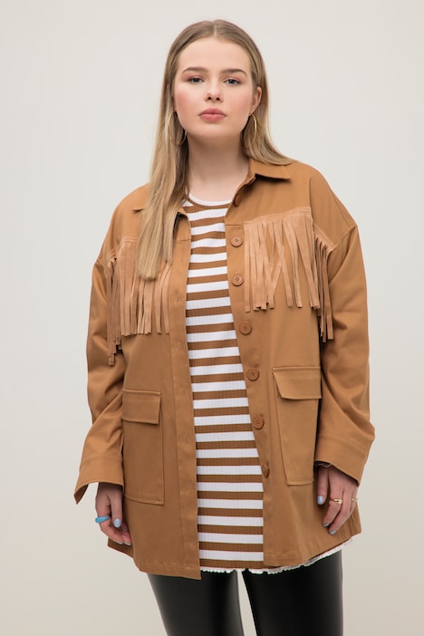 Hemdjacke, oversized, Langarm, Taschen, Fransen