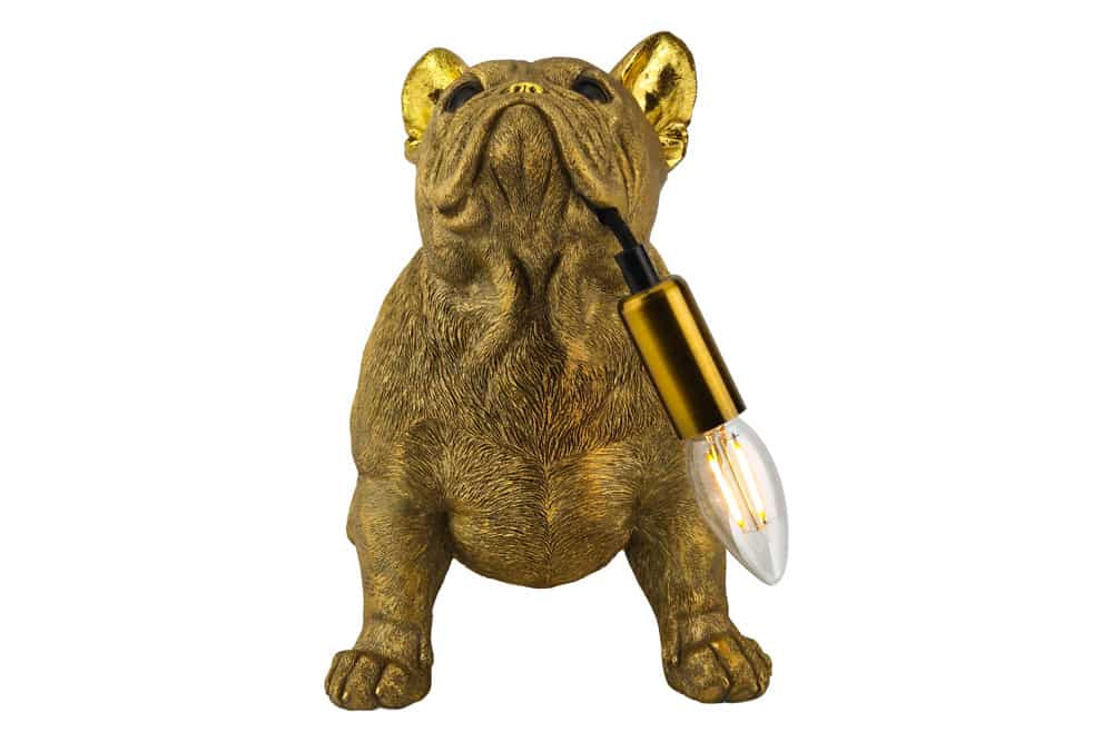 Handgefertigte Tischlampe BULLDOG 35cm gold Hunde-Skulptur