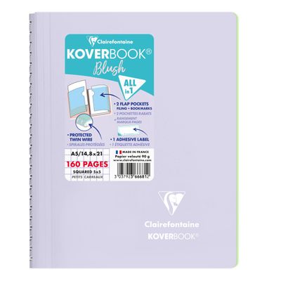 Clairefontaine Koverbook - Cahier polypro A5 - 160 pages - petits carreaux (5x5 mm) - disponible dans différentes couleurs pastels