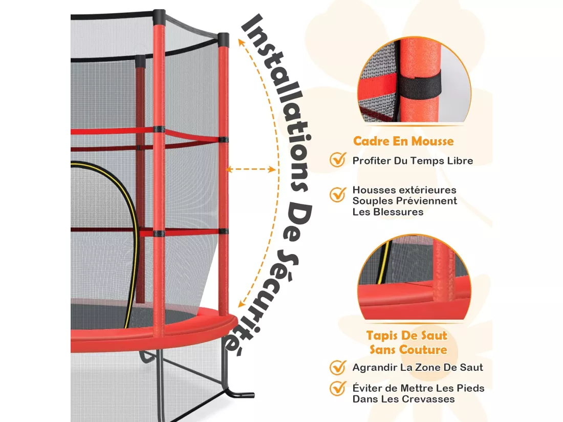 Trampoline de Jardin pour Enfants Ø165 CM avec Filet de Protection,Appuis de Ressorts et Structure en Acier, Rouge