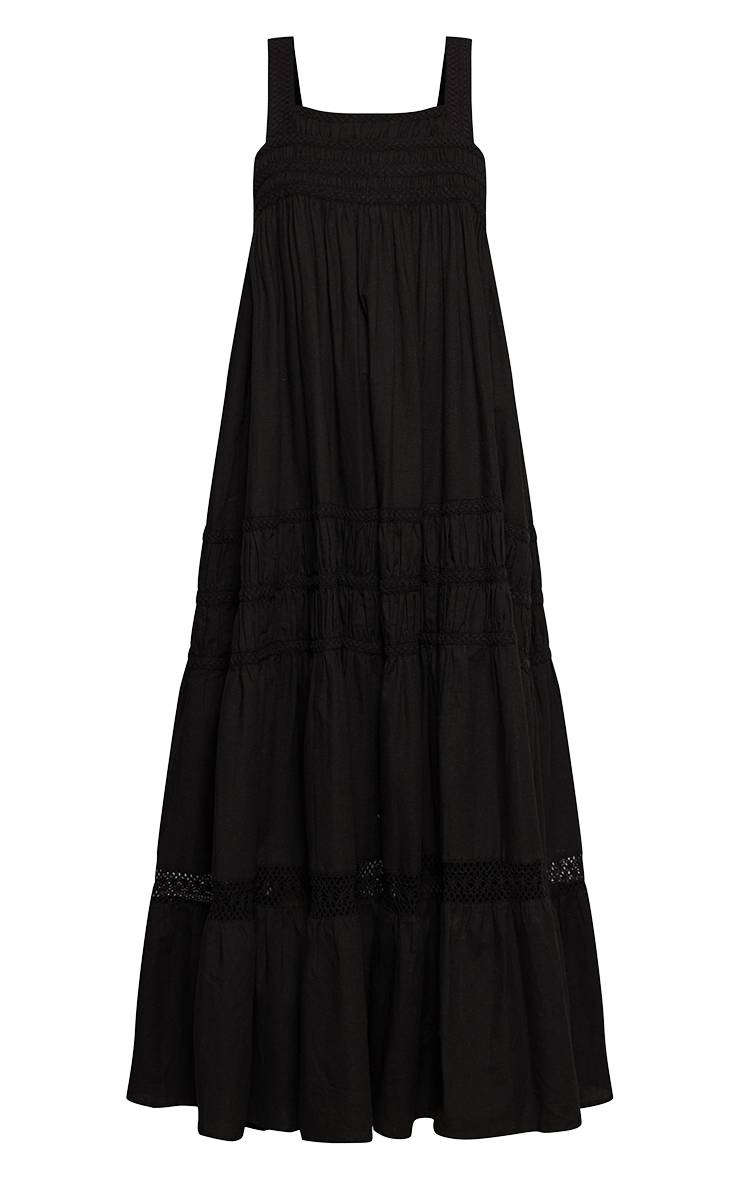 Noir Robe Longue À Détails Brodés Aspect Lin