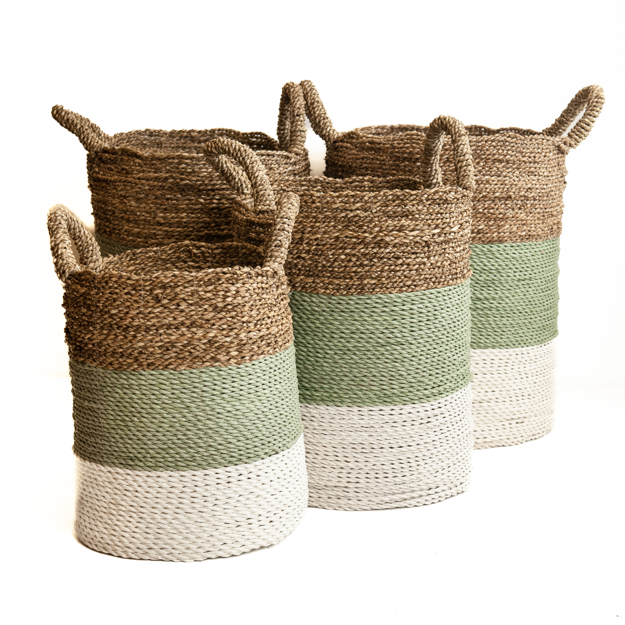 Zeegras waterhyacint gevlochten mand natural/groen-grijs/wit XS