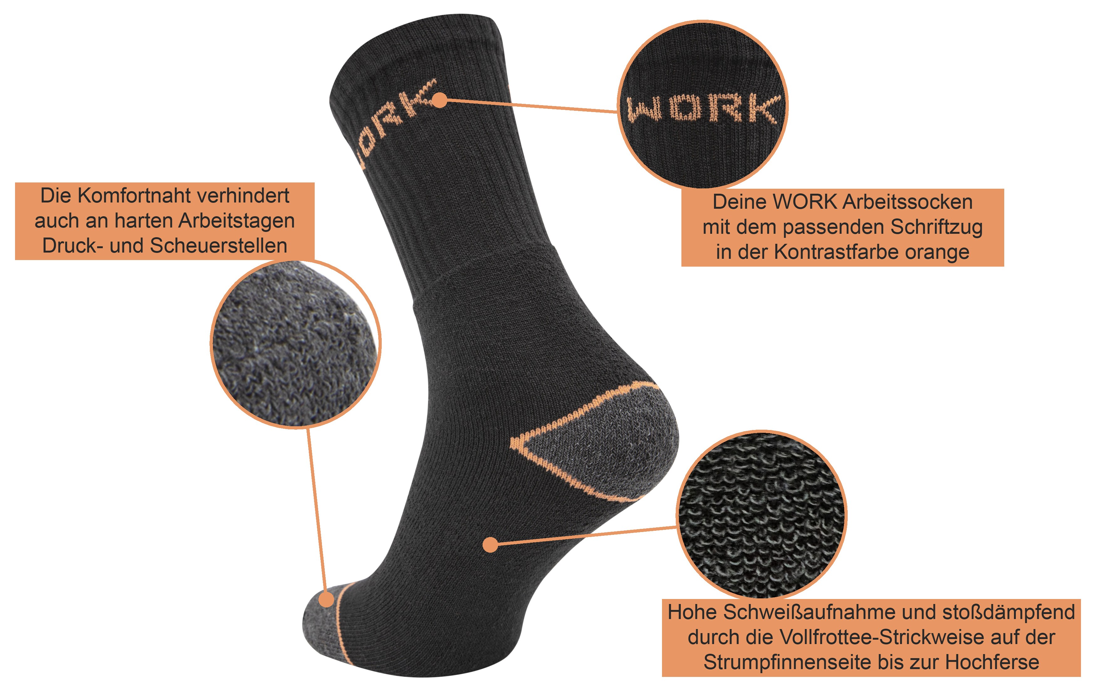 Paolo Renzo® Arbeitssocken 3 Paar - Größe 39/42 - Orange/Schwarz