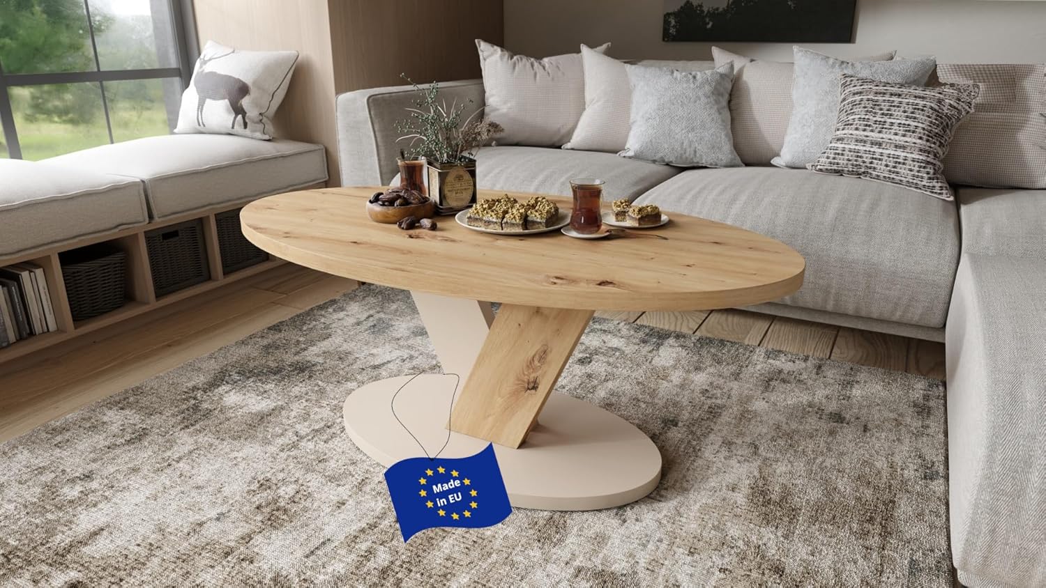 designimpex Design Couchtisch Lova Eiche Artisan/Beige matt 110x45x60 cm oval Couch Table Ablage Stubentisch Living Room Table Moderne Tische ovaler Wohnzimmertisch Sofa Wohnzimmer Küchentisch