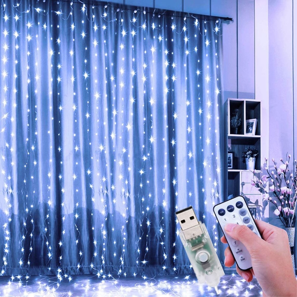 (3x2m) 200 LED's Deko USB Draht Lichterkette Vorhang Beleuchtung 8 Modi   Fernbedienung - Kaltweiss