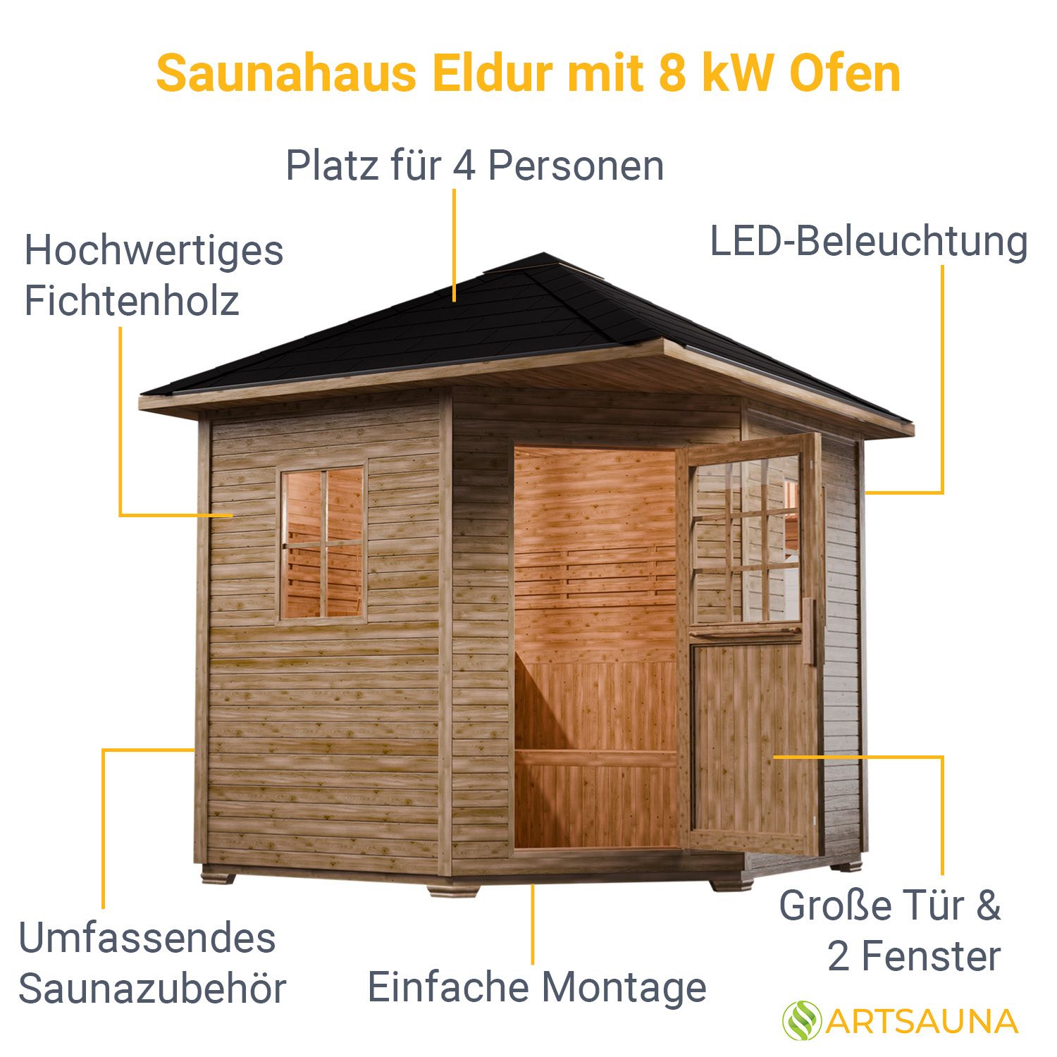 Artsauna Gartensauna Eldur mit Ofen, Licht & Zubehör – Holz Saunahaus für 4 Personen – Outdoor Sauna