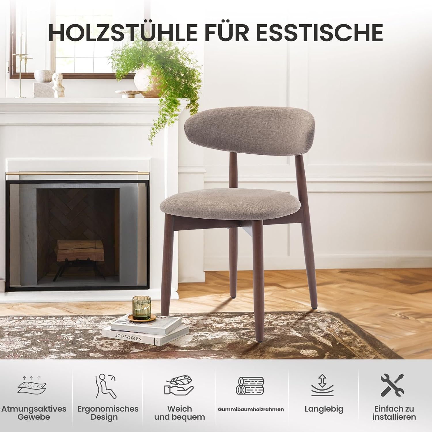 COLAMY Küchenstuhl Esszimmerstühle 2er Set, Moderne Polsterstuhl Essstühle mit Fester Rückenlehne, Stoff Esszimmerstühl mit Holzbein für Esszimmer, Küche, Restaurant, Kamel