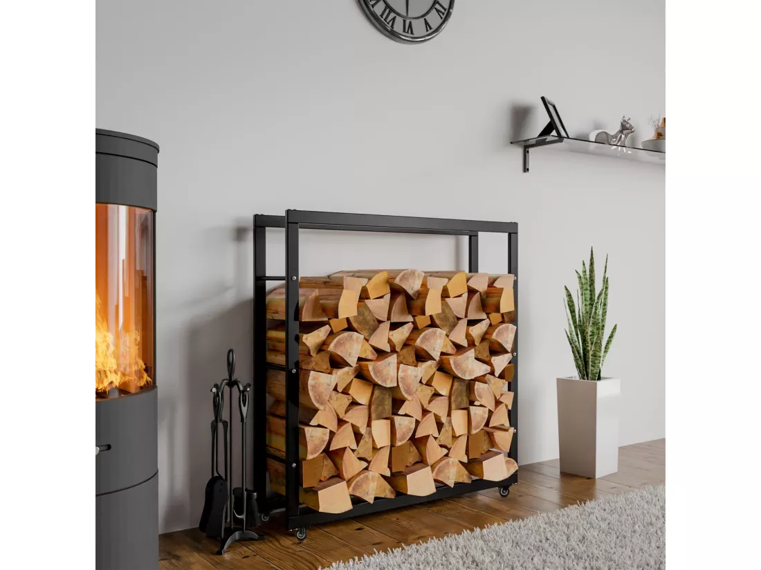 Etagère bois de cheminée - Métal - 25x100x100 cm - Noir - Keri
