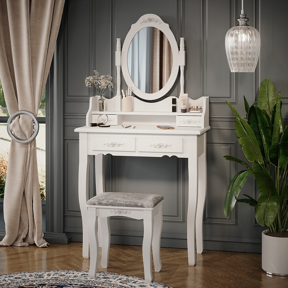 Vicco Schminktisch Frisiertisch Kosmetiktisch Meghan Weiß Schminkspiegel Hocker 75x147 Barock Schlafzimmerkommode Schminkkommode Schwenkspiegel Schublade Aufbewahrung Frisierkommode Make-Up-Tisch