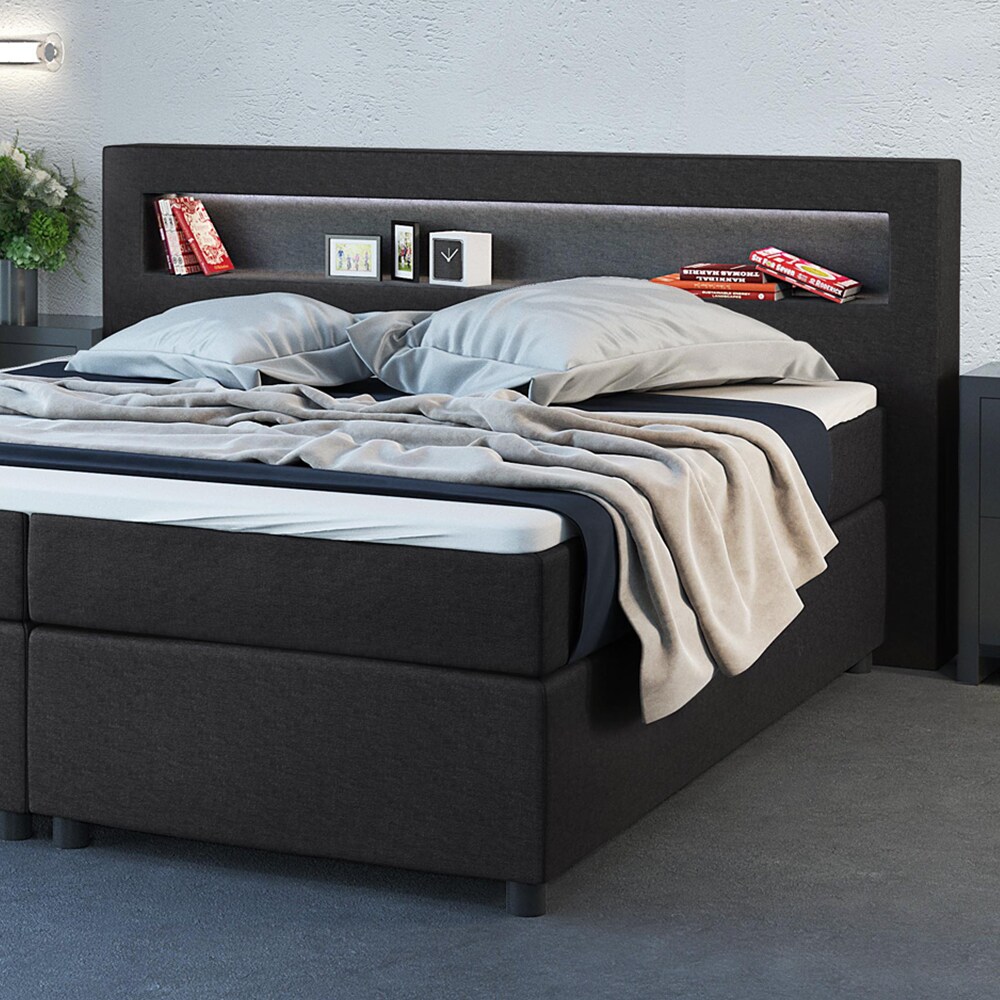 Design Boxspringbett 180x200 cm H2 LED Doppelbett Hotelbett Ehebett anthrazit
