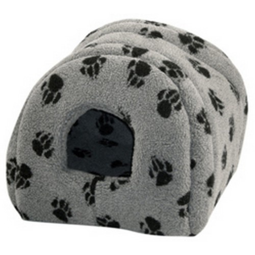 Cama para gato em formato de iglu com estampa de pata, cinza