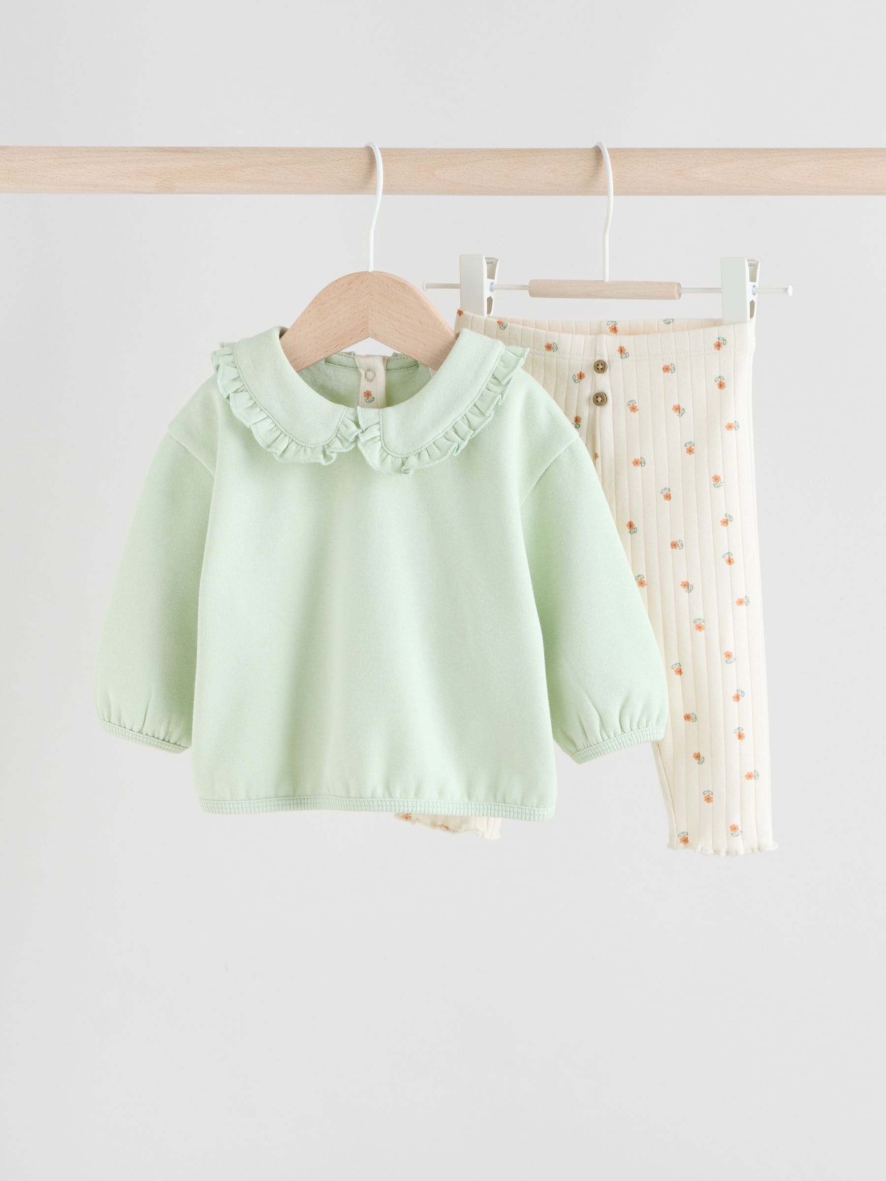 Saliegroen/crème fijne print - 2 -delige Babyset van Sweater met ruchekraag en Leggings (0mnd-2jr)