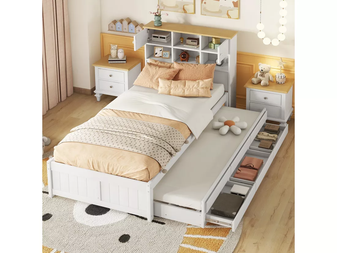Lit gigogne avec rangements et 3 tiroirs - 90 x 200 et 90 x 190 cm - bois MDF - blanc - LOSIANA
