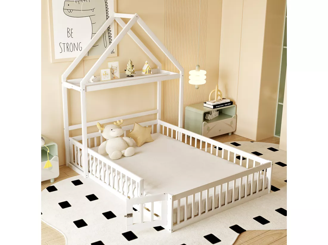 Lit enfant cabane 140x200cm en bois massif - avec tringle à vêtements - Blanc