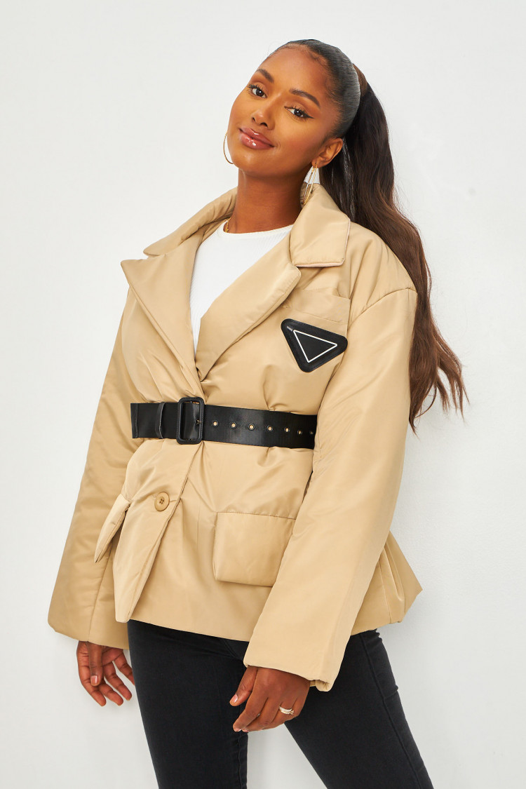 Doudoune ceinturée effet blazer beige