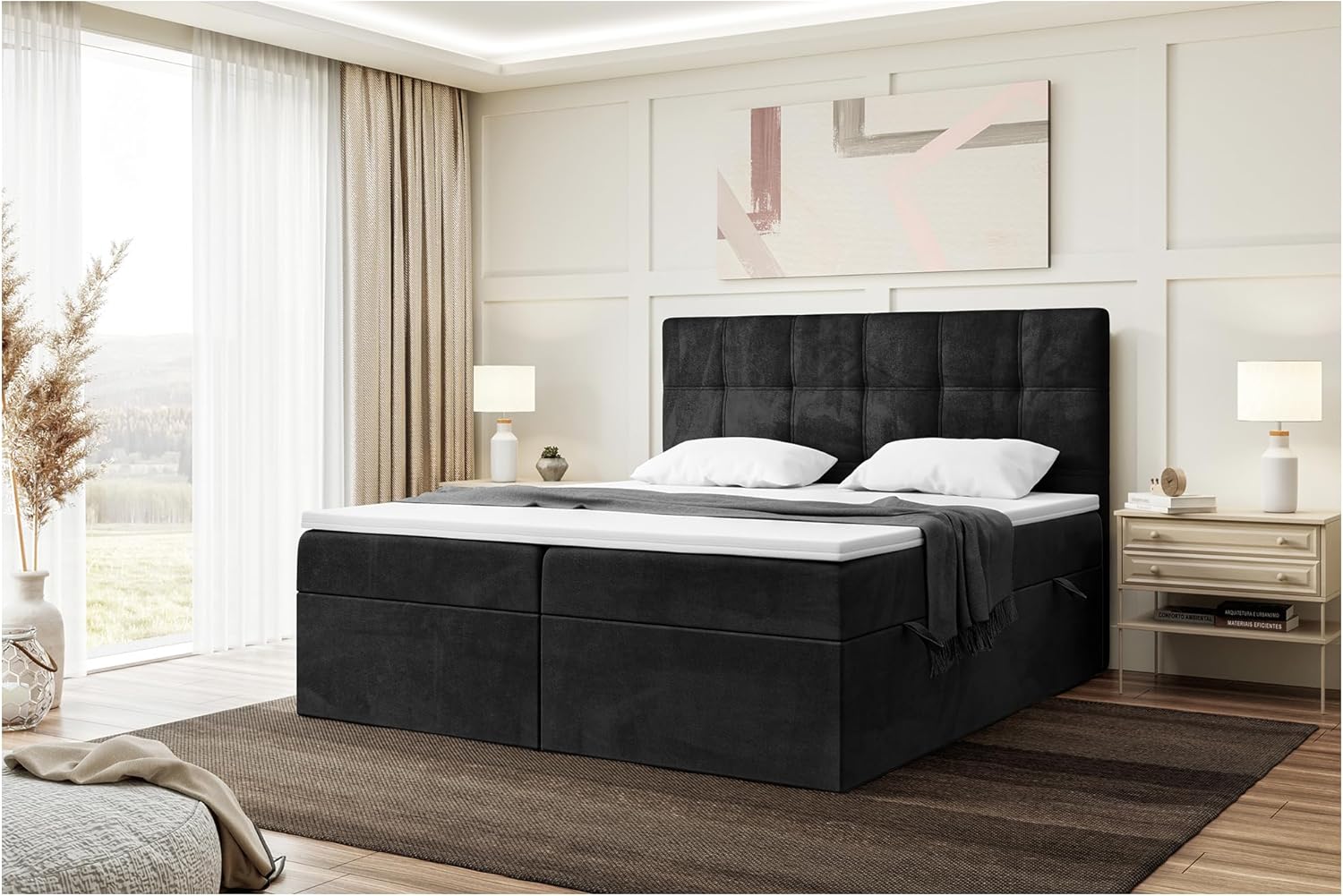 MEBLINI Boxspringbett mit Bettkasten - Gepolstert Doppelbett mit Matratze und Topper - Polsterbett mit Stauraum - Bett mit Kopfteil - Kai - 140x200 - H3/Schwarz Samt