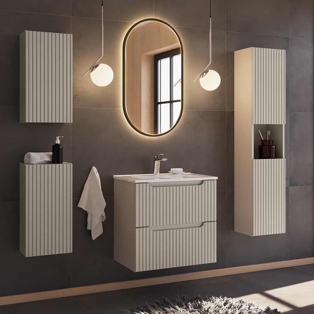 Lomadox Badezimmer Hängeschrank 30 cm Kaschmir beige gerillte Front Wandschrank Badschrank 1-türig B/H/T ca. 30/57/19 cm