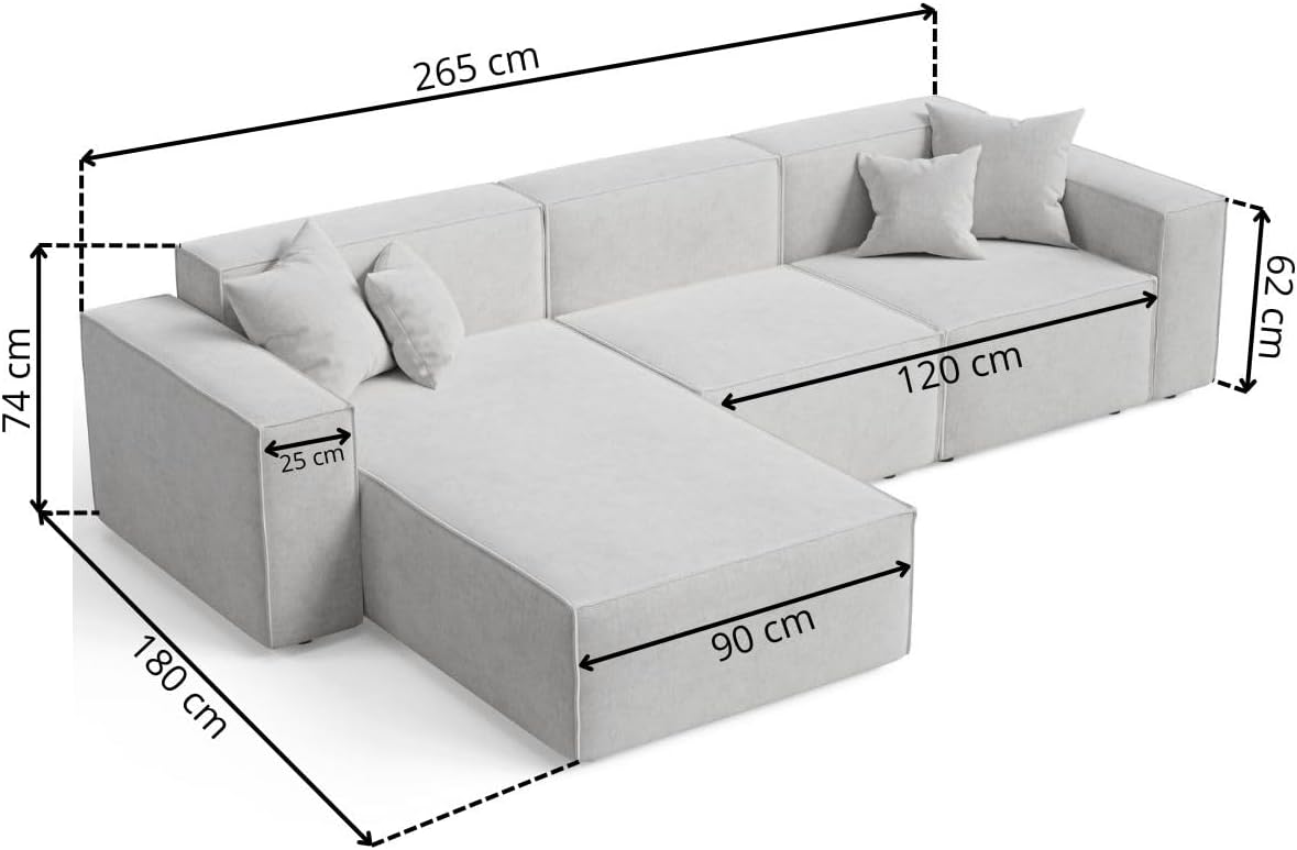 GRAINGOLD Arizona Ecksofa 265x180 cm, L-Form Sofa, Ecksofa für Wohnzimmer, Velour, 3-Sitzer Eckcouch, Modernes Design (Beige, Rechts)