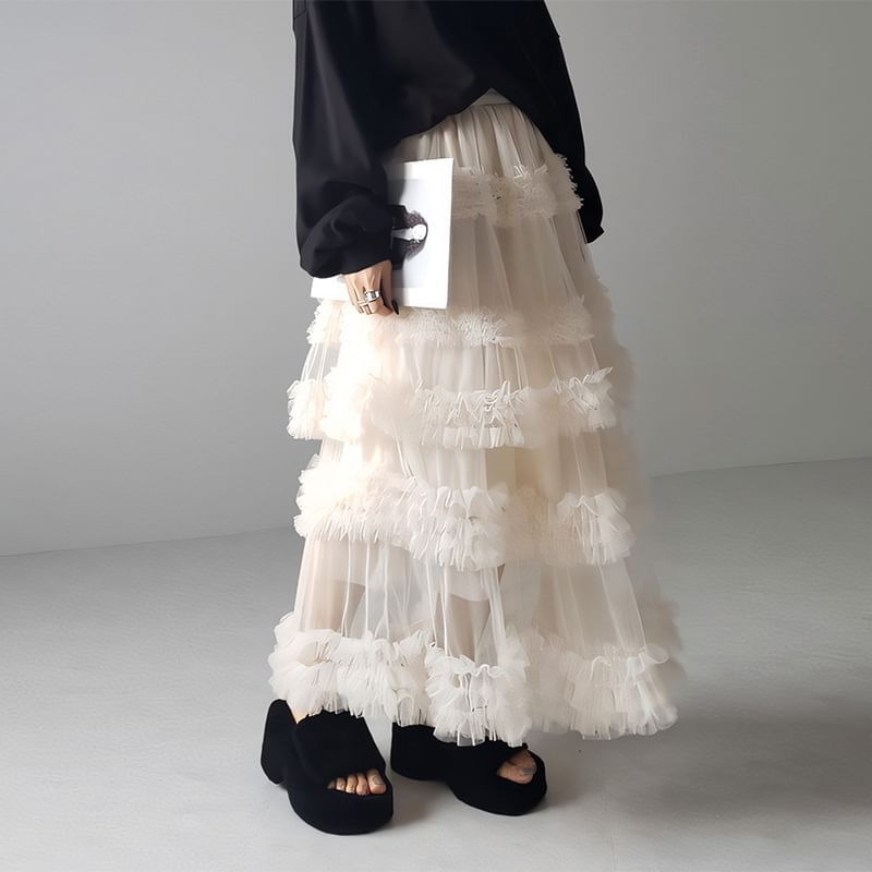 Lexama - Hoge taille effen geplooide mesh maxi A-lijn rok