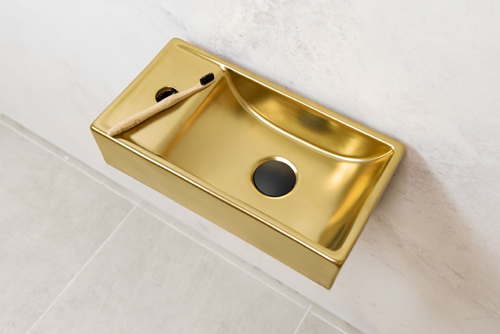 SCHADEMODEL: Saniclear Oro fontein mat goud 40x22cm links