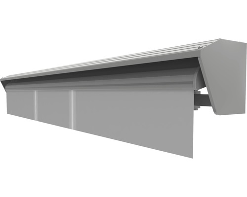 Molveno 4x3 semi-cassette zonnescherm, grijs gestreept doek, frame RAL 9006 wit aluminium, aandrijving links inclusief motor, afstandsbediening en noodhandzwengel