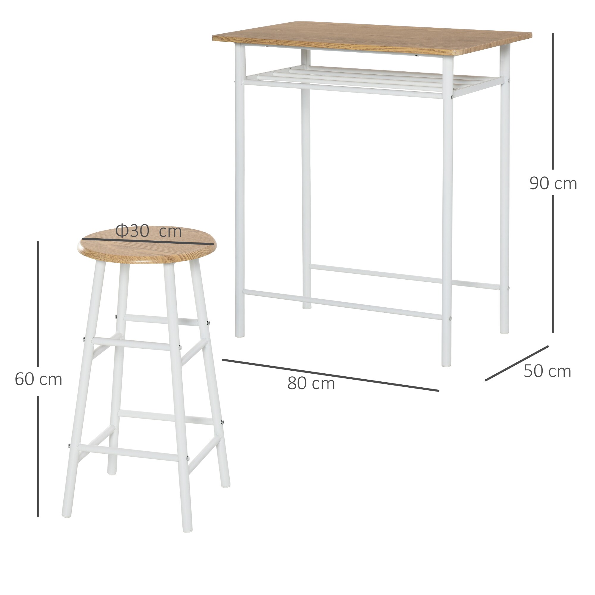 HOMCOM Bartisch-Set 3-teiliges Bar-Set bestehend aus einem Tisch und 2 passenden Hockern Weiß, Eiche 80 x 50 x 90 cm (BxTxH)