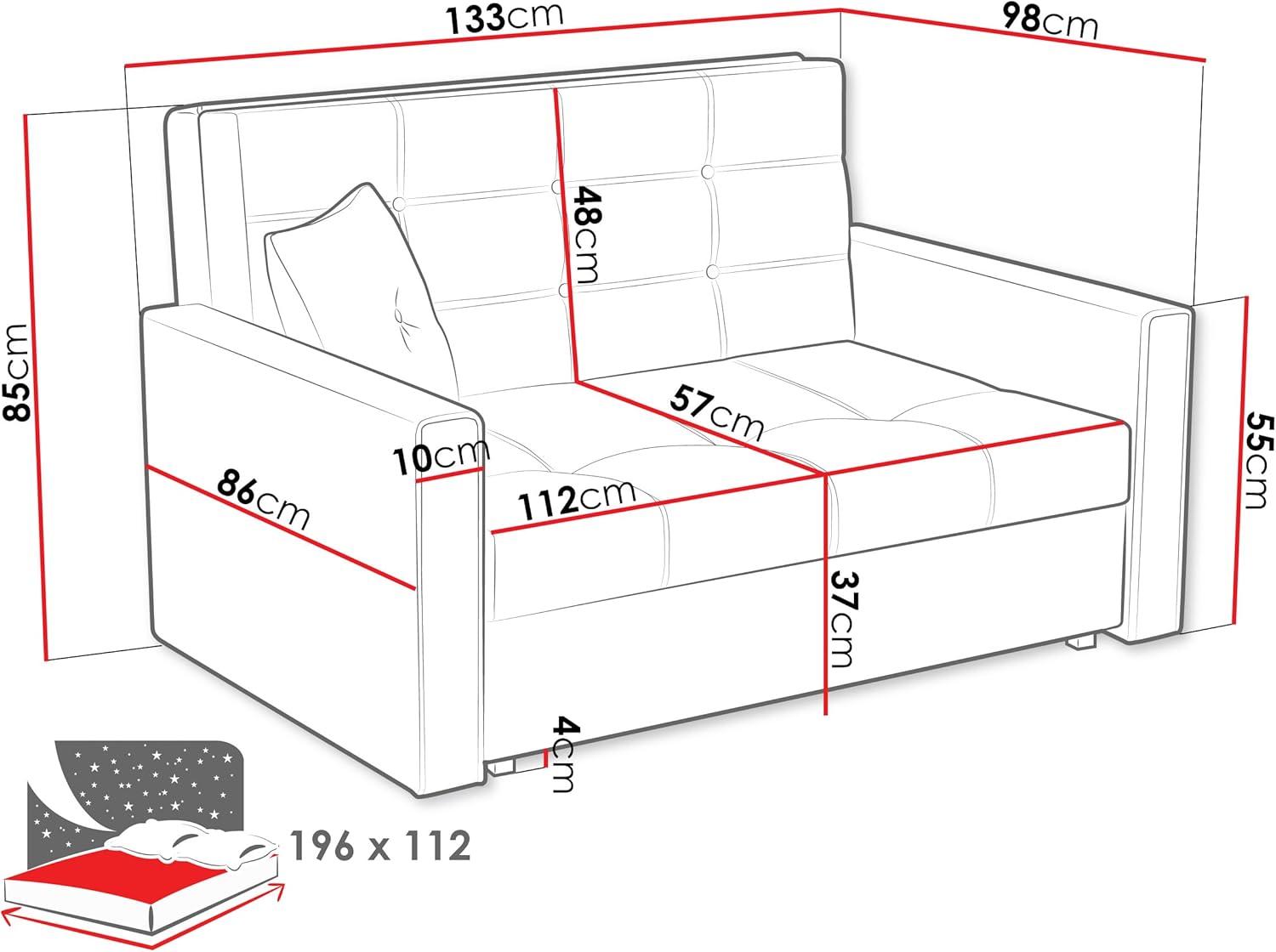 Mirjan24 Sofa Viva II Lux mit Schlaffunktion, Bettsofa, 2 Sitzer Polstersofa mit Bettkasten inkl. Kissen, Schlafsofa Sofagarnitur, Wohnlandschaft, Farbauswahl (Tatum 275)