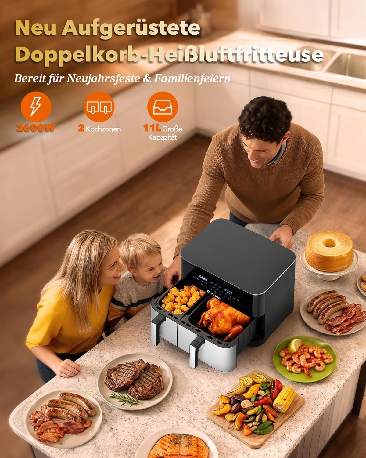 Heißluftfritteuse 2 Kammern, 2600W 11L Airfryer XXL(4+7L) WELLENT 10-in-1 Heissluftfritteuse Doppelkammer Air fryer Dual Zone mit Touchscreen, Match & Synchronisierungsfunktion, spülmaschinenfest