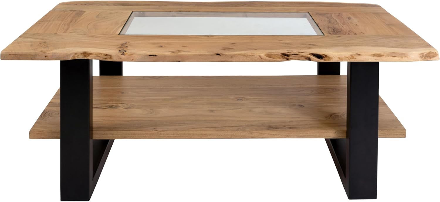 SAM Couchtisch 115x65 cm Patrick, Sofatisch mit Ablage und Glasplatte, Akazienholz massiv + naturfarben, Beistelltisch mit schwarzem U-Metallgestell, echte Baumkante