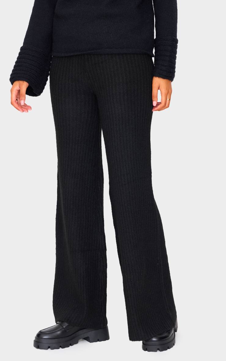 Noir Pantalon Large En Maille Côtelée Luxe Tall