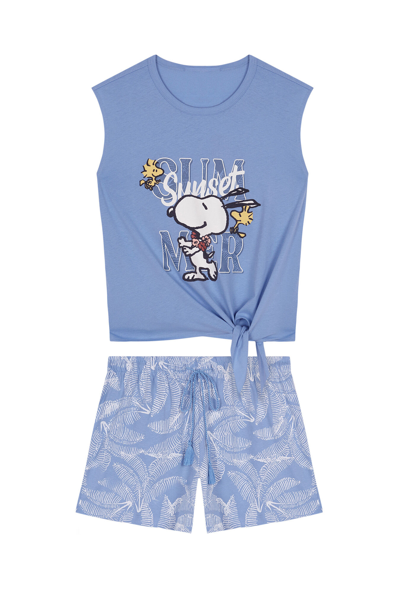 Pijama curto azul do Snoopy, 100% algodão.