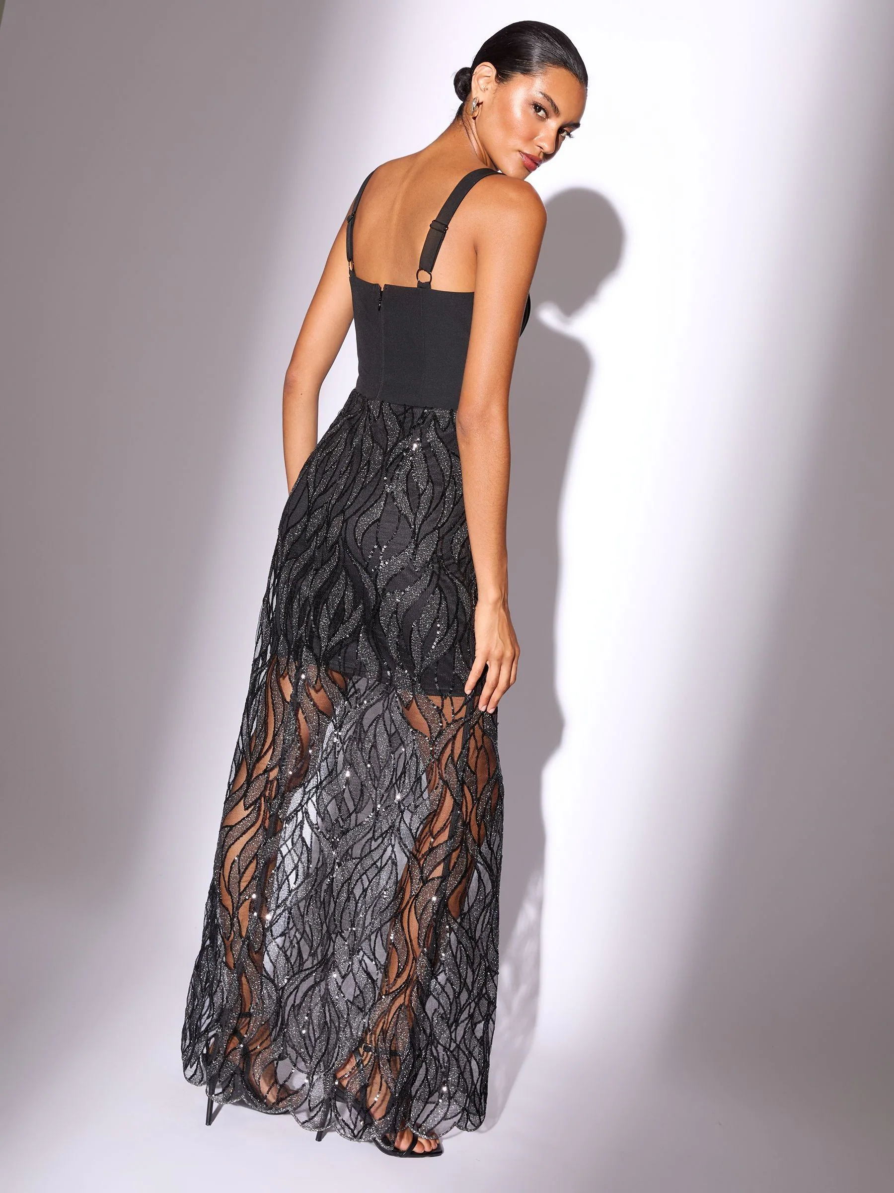 Lipsy Corset Detail Sequin Sheer Skirt Maxi Dress