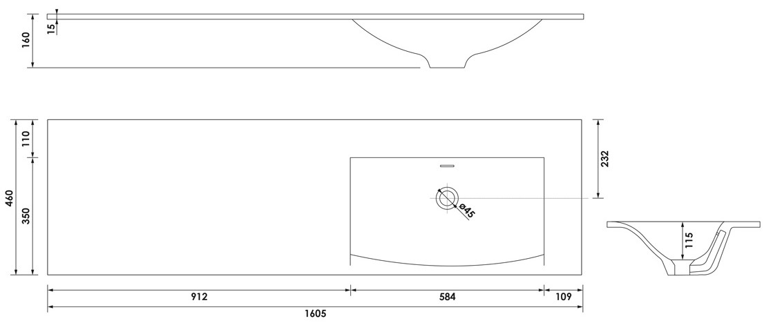 Brauer Glacier wastafel fine stone 160cm rechts zonder kraangat wit glans