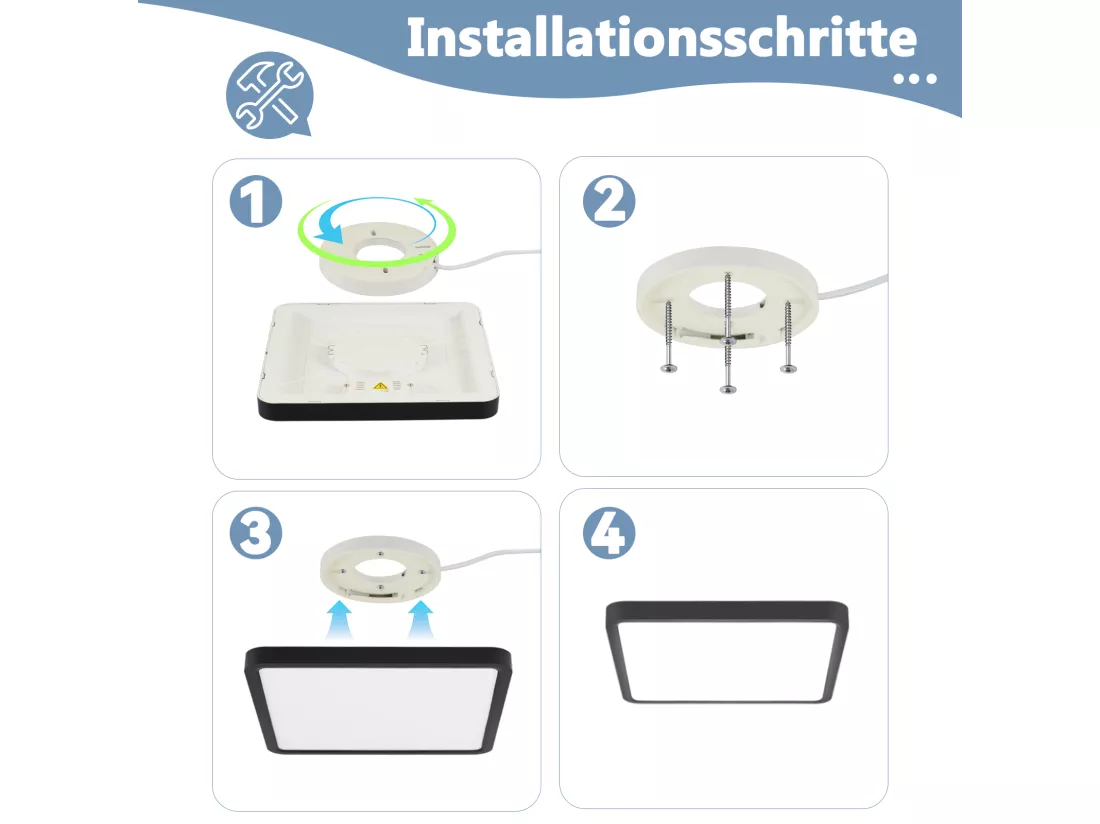NETTLIFE Plafonnier LED plat 23CM 6500K 18W carré chambre noir LED intégré en permanence