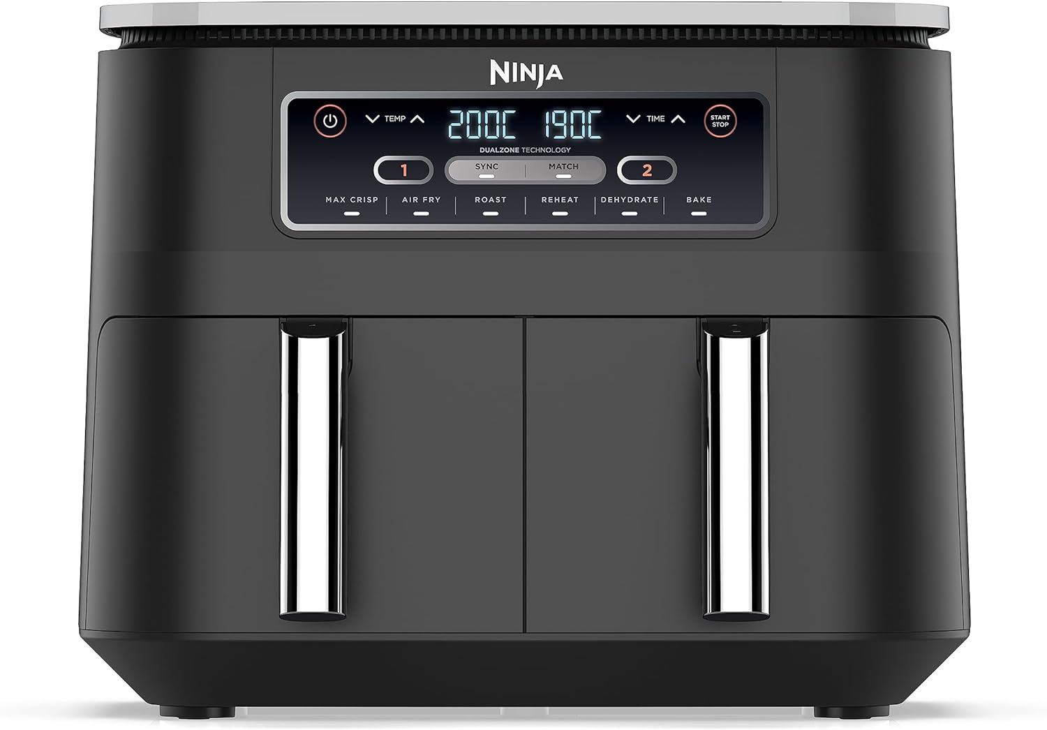 Ninja Foodi Dual Zone Digitale Heißluftfritteuse, 7,6L Airfryer, 2 Fächer, Antihaftbeschichtung, spülmaschinenfeste Körbe, 6-in-1, 4-6 Portionen, Schwarz AF300EU