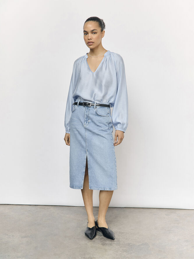 Object OBJHEIDI L/S LO V-NECK TOP NOOS Cornflower blue
