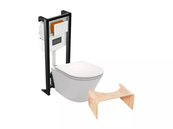 Pack WC suspendu sans bride JACOB DELAFON Rodin+ avec abattant + bâti support + plaque blanche + tabouret bois