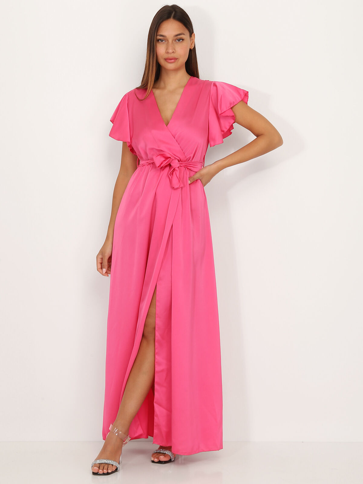 Robe longue cache cœur fuchsia fendue Fuchsia- Fuchsia