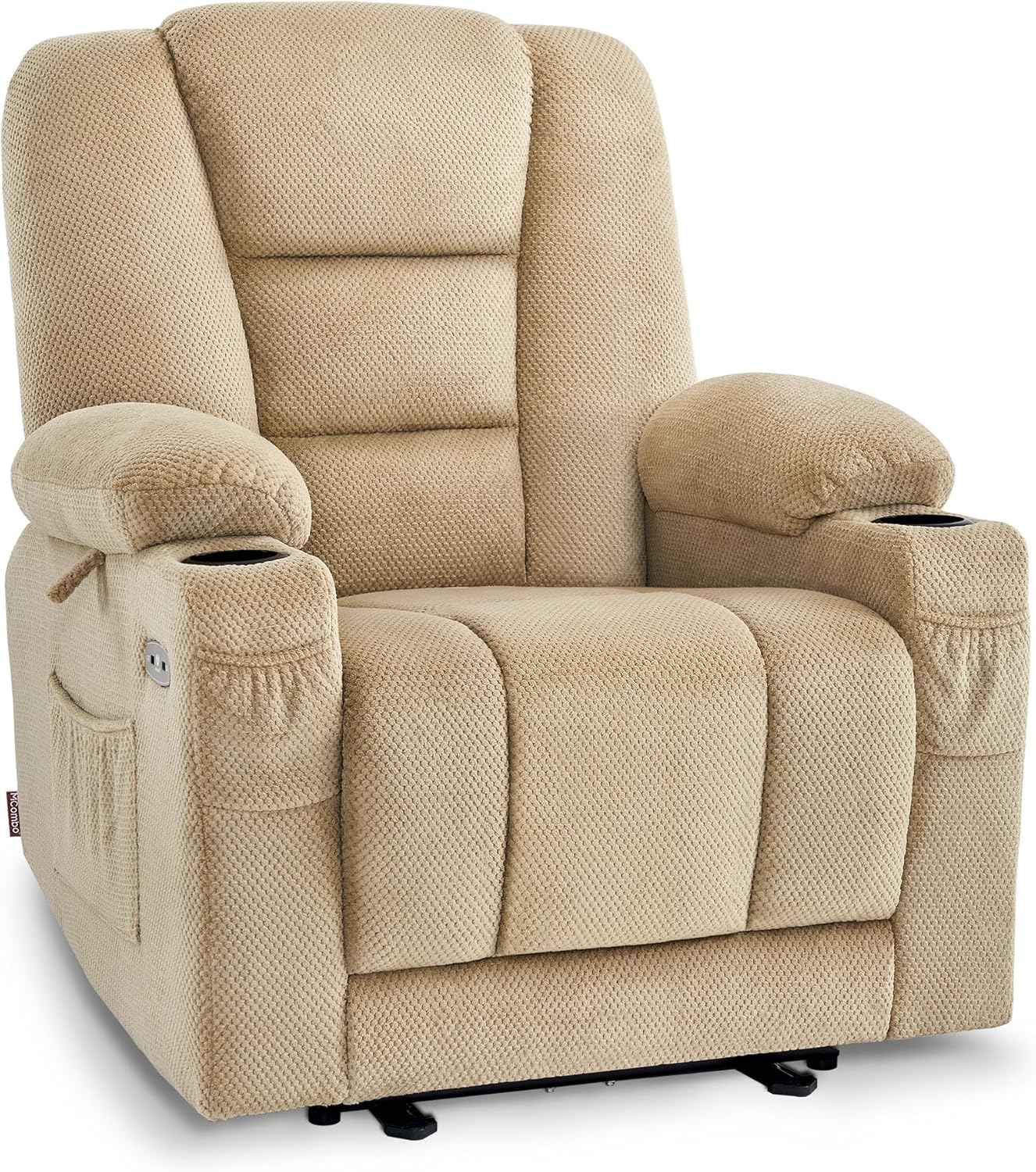 M MCombo Fernsehsessel elektrisch verstellbar, Relaxsessel mit Liegefunktion, TV Sessel mit Massage & Wärmefunktion, USB & Getränkehalter, 35D Vollschaum-Sitzkissen 7008 (Stoff, Beige)