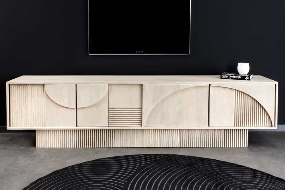 Massivholz TV-Lowboard ART DECO 200cm weiß gekälkt Mangoholz 3D-Front