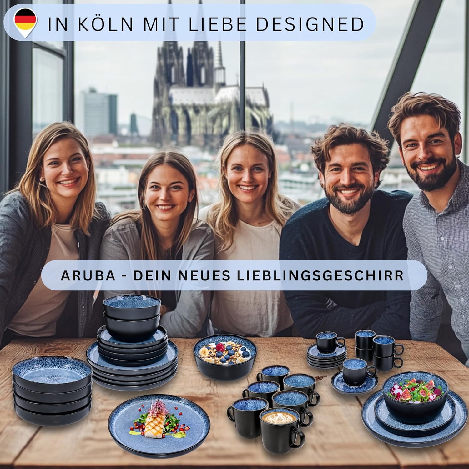 SÄNGER Aruba | Kombiservice 6 Personen, Teller Set Kaffeebecher Pastaschale 30 tlg, Steingut Geschirr Set spülmaschinen- mikrowellen- kratzfest, Geschirrset blau mit schwarzem Rand | VALUE COLLECTION